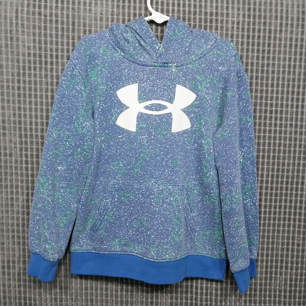 Under Armour Boys Hoodie Splatter Print Logo Fleece Size 7 Blue